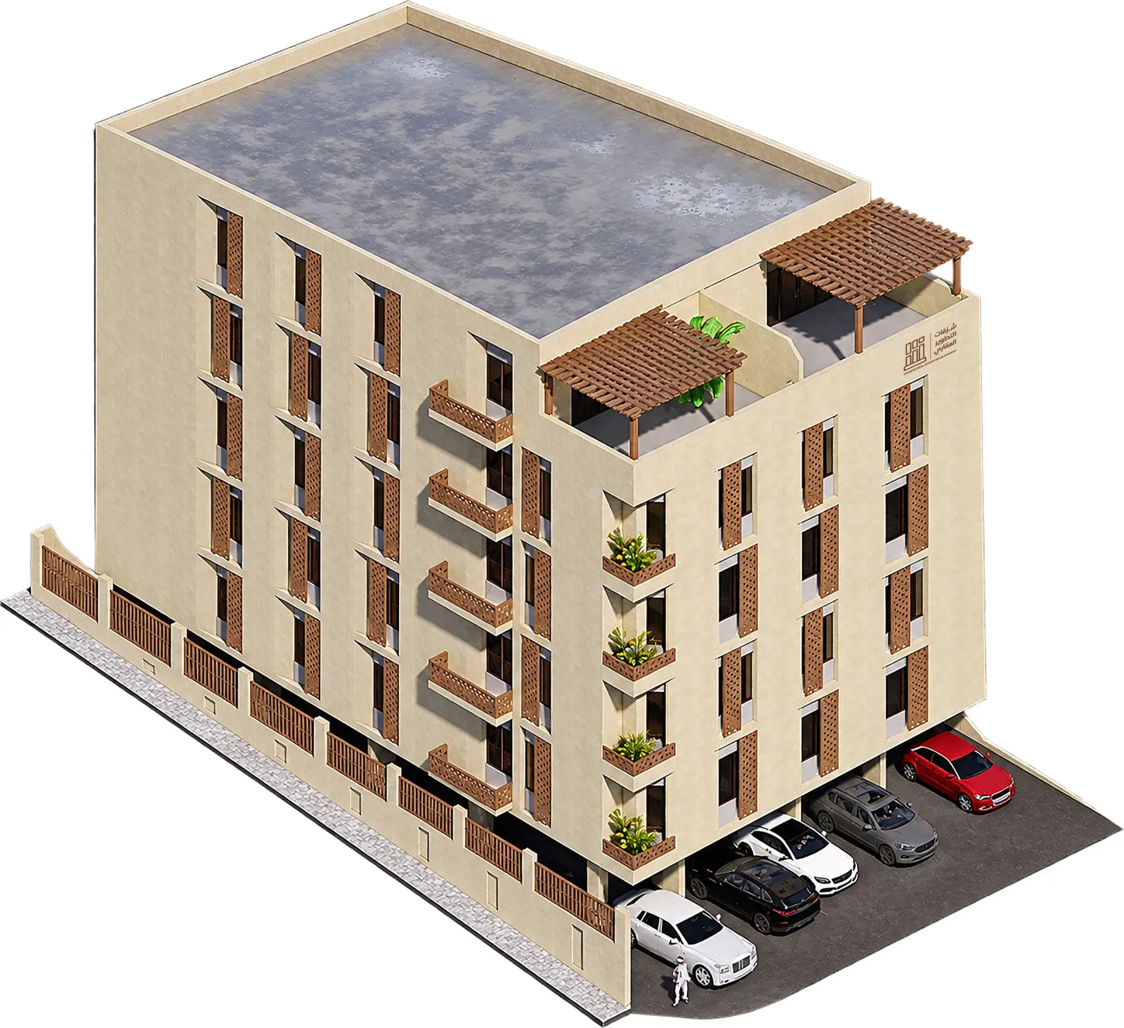Architectural render: a bird’s-eye view of the building