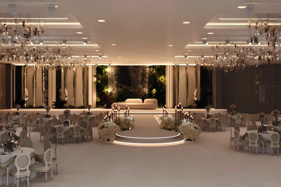 Architectural render: the ballroom and its stage