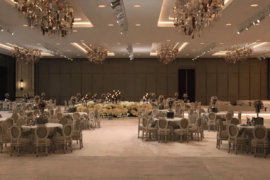 Architectural render: the ballroom set with banquet tables