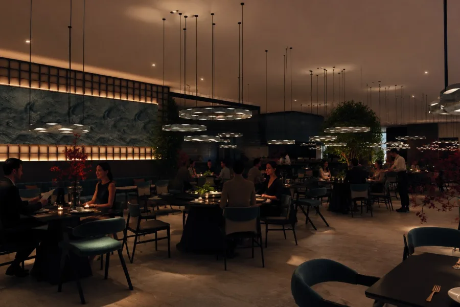 Architectural render: the restaurant in the evening