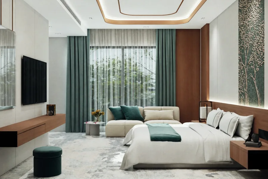 Architectural render: a guest room