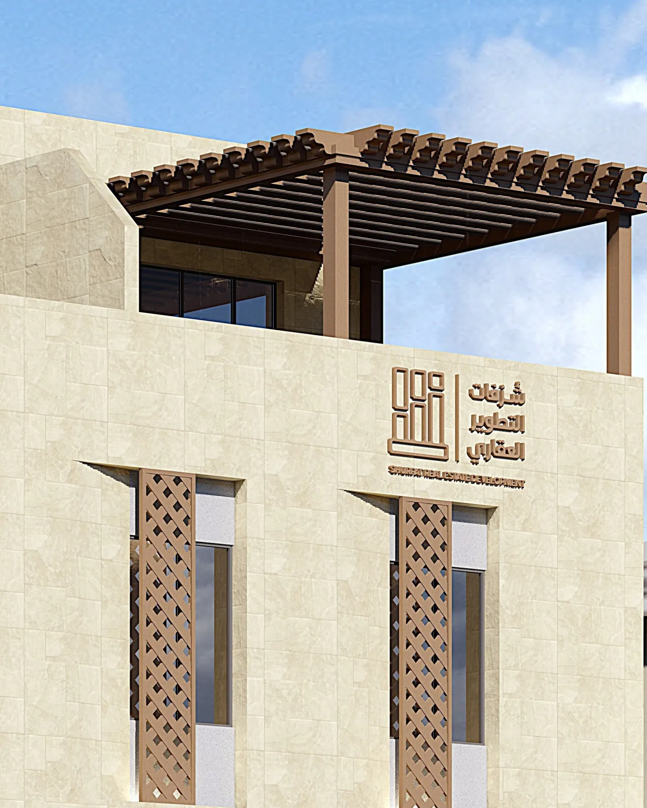 Architectural render: the top floor and the rooftop pergolas