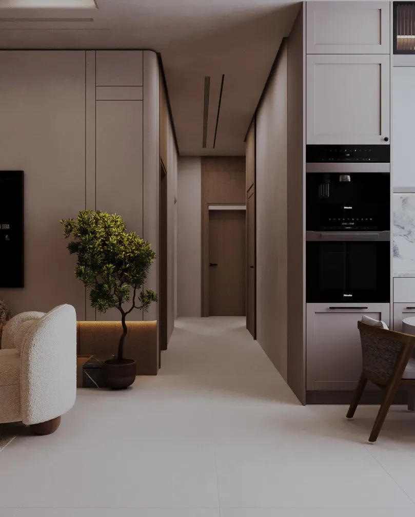 Architectural render: the hallway and kitchen (indicative interior)