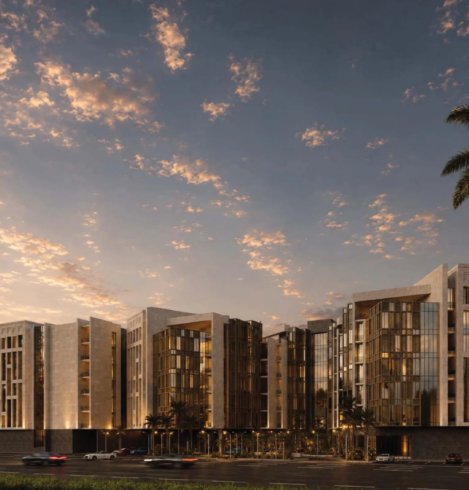Architectural render: the street frontage at dusk