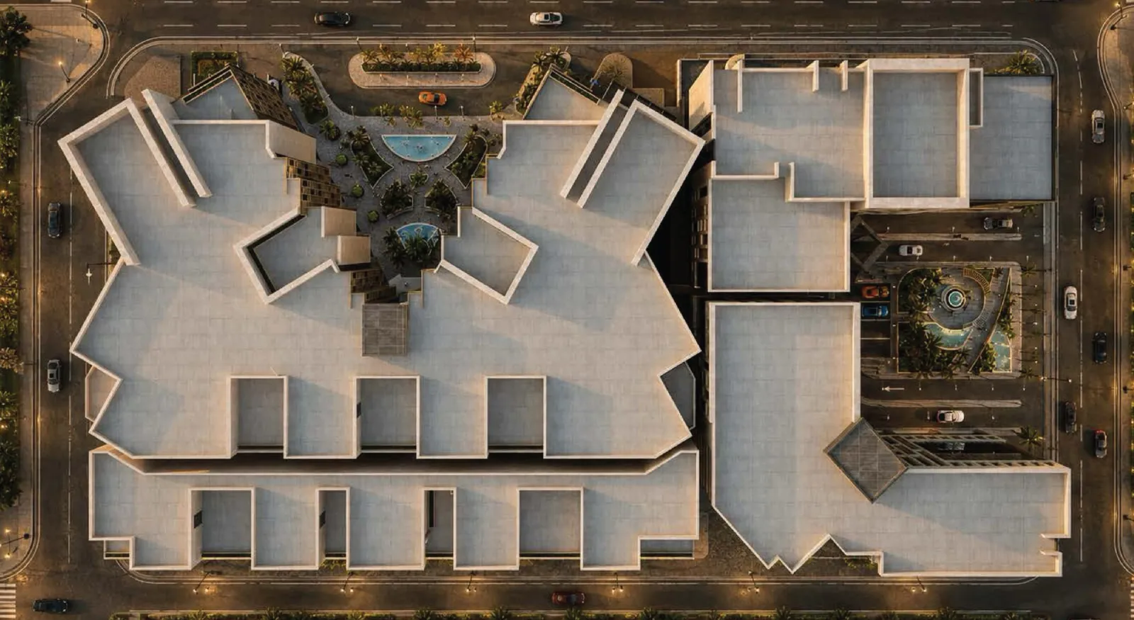 Architectural render: a top-down view of the whole site