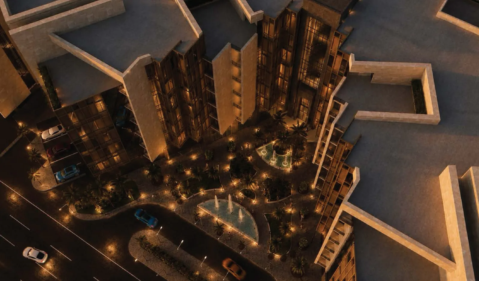 Architectural render: the central courtyard at night