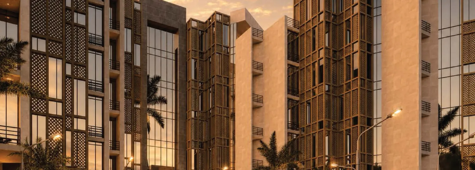 Architectural render: the façades and mashrabiya screens at sunset