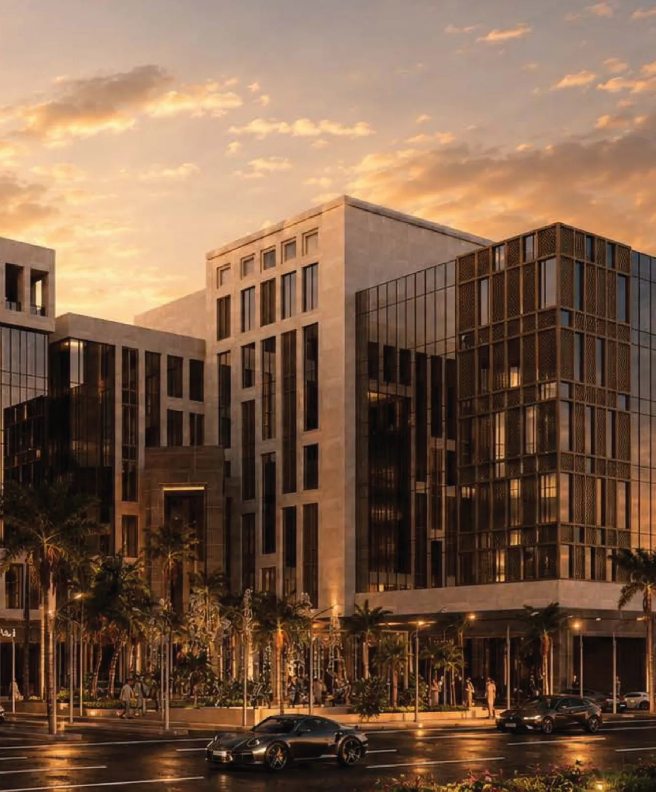 Architectural render: the corner building at golden hour