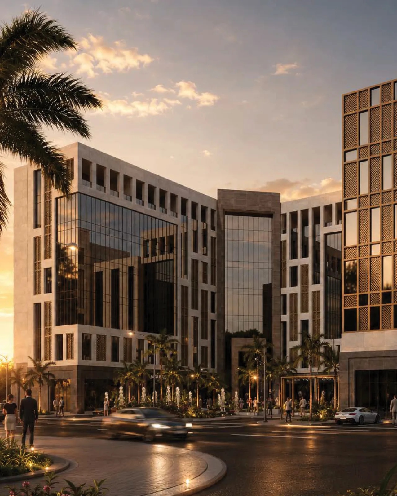 Architectural render: the plaza of the office and hotel building