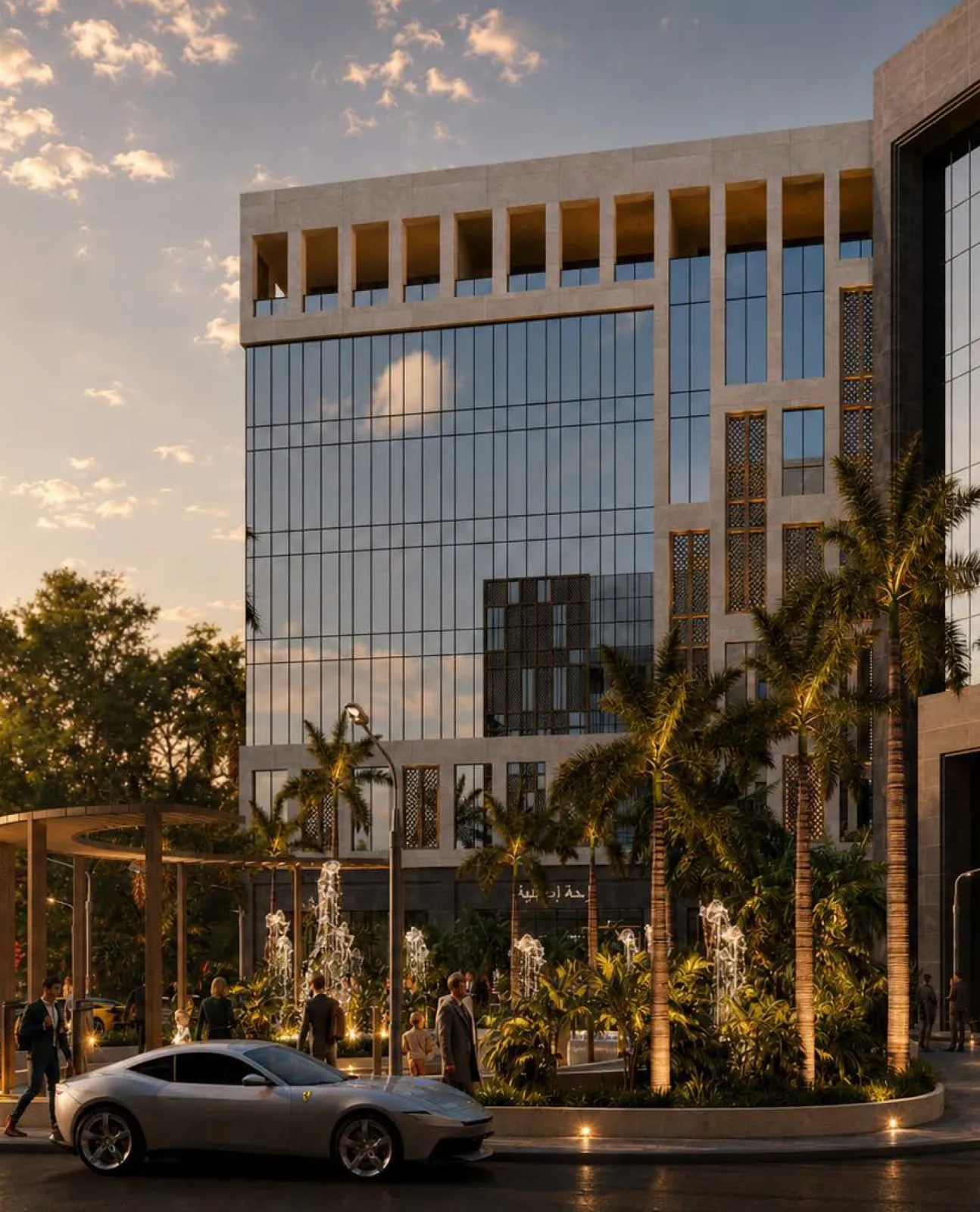 Architectural render: the office building and its garden