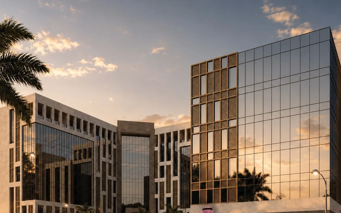 Architectural render: the glass façade of the office building