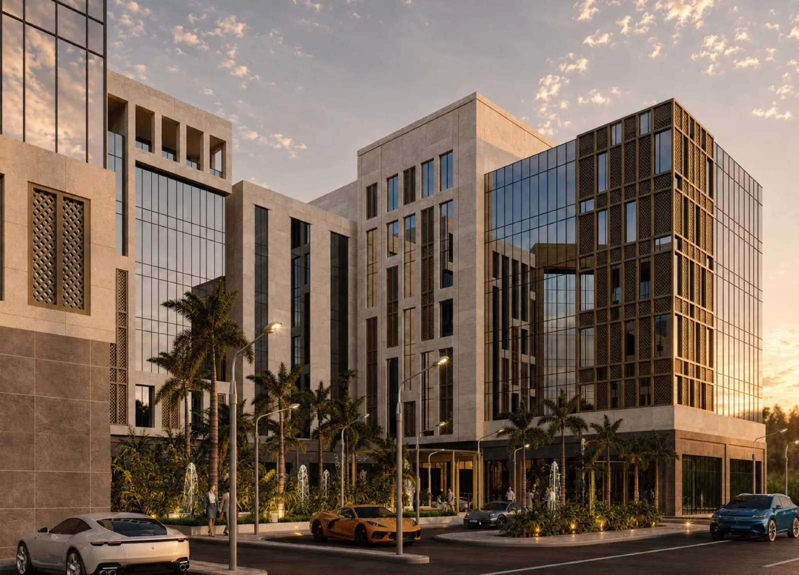Architectural render: the street in front of the development in the evening
