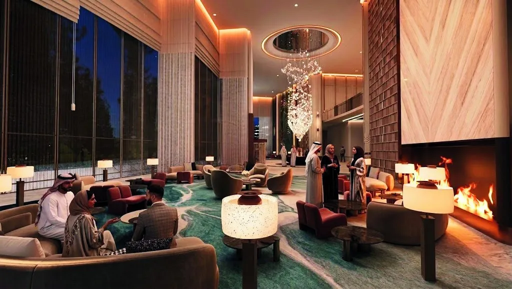 Architectural render: the fireplace lounge in the lobby