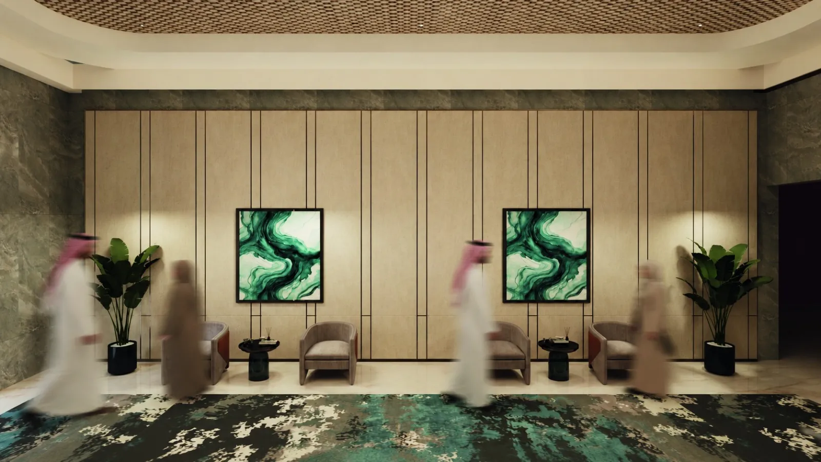 Architectural render: the lift-lobby waiting area