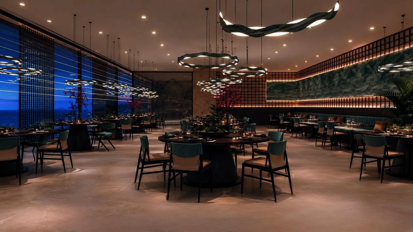 Architectural render: restaurant seating along the windows