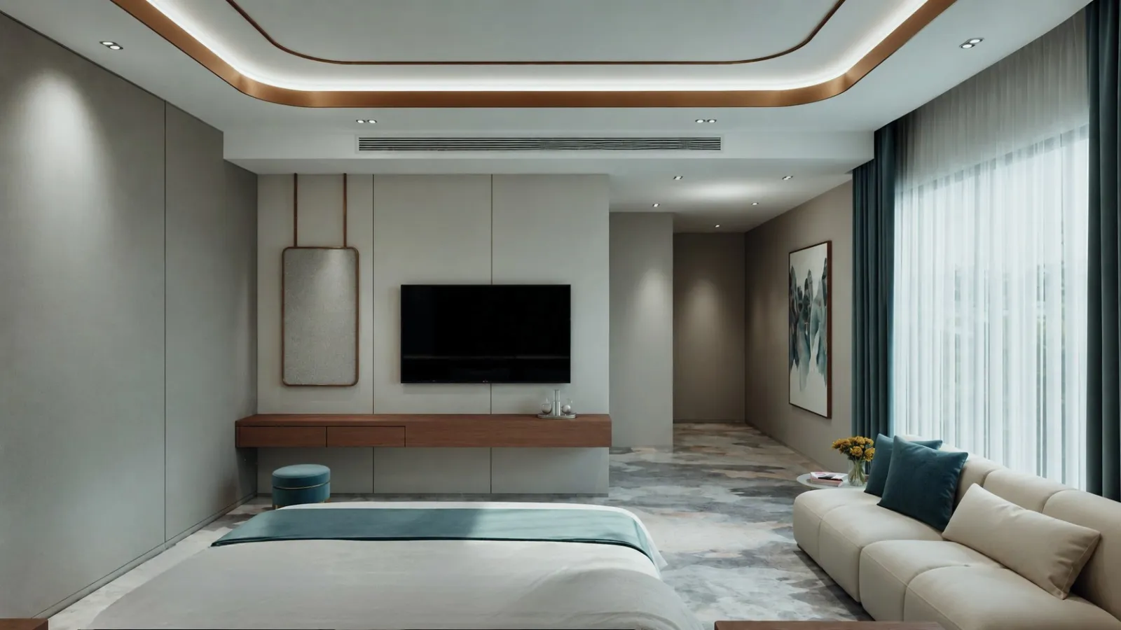 Architectural render: the guest room, facing the TV wall