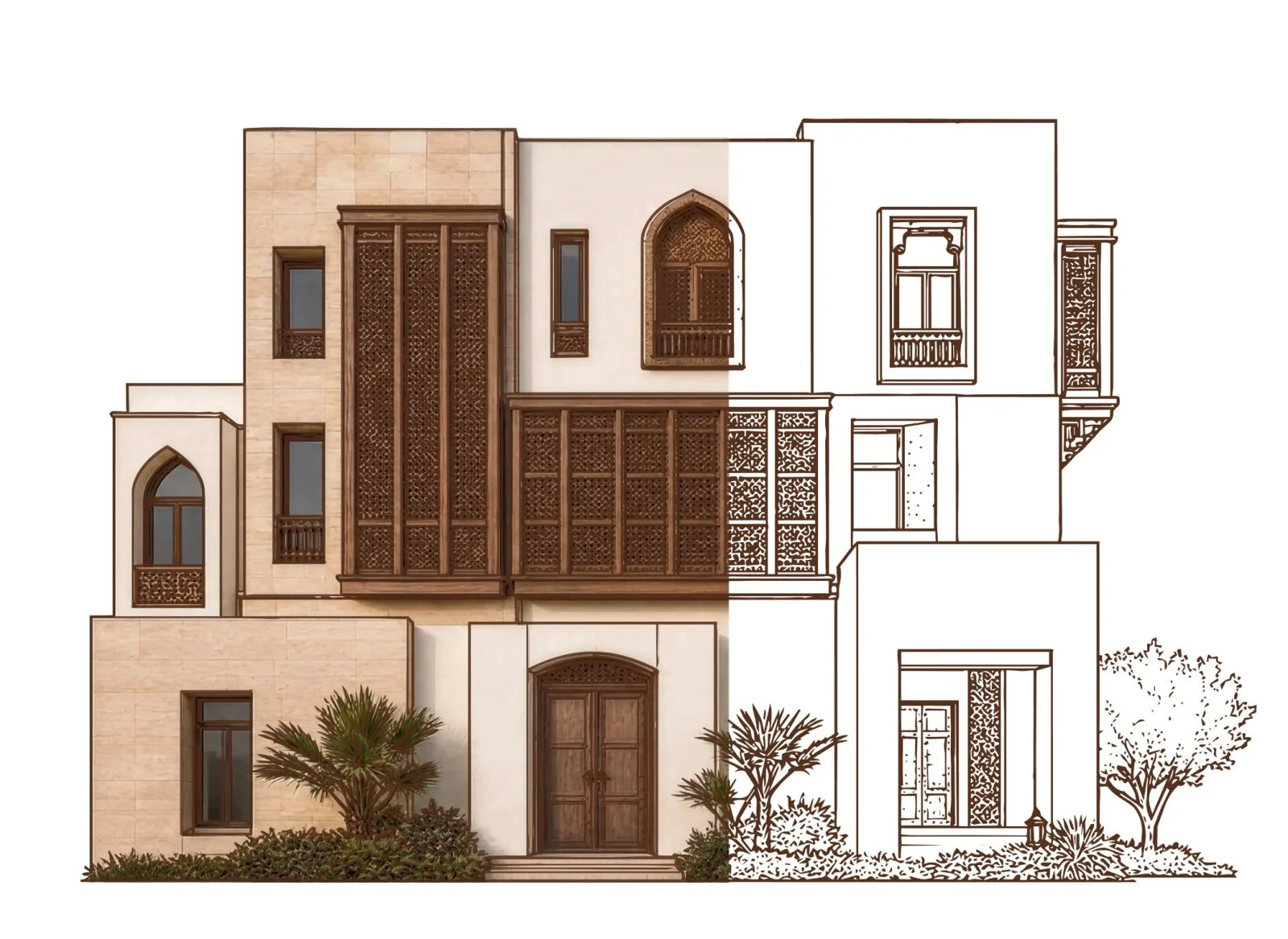 Architectural drawing of a Hijazi elevation, half colour render and half line drawing