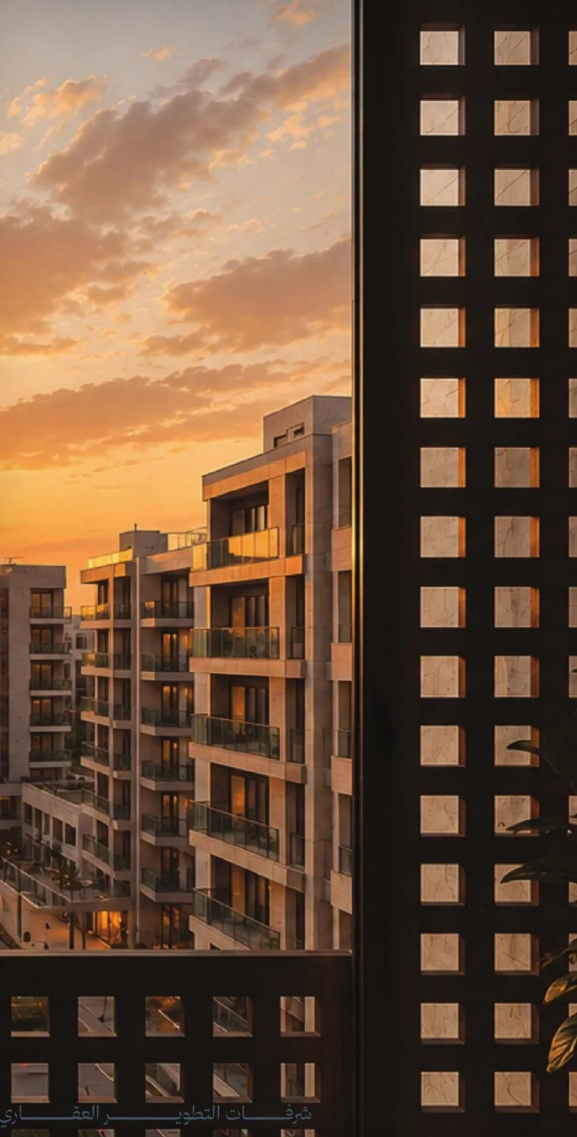 A Shurfat residential project at sunset, seen through a timber screen